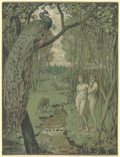 Paradis avec paon - Hans Thoma